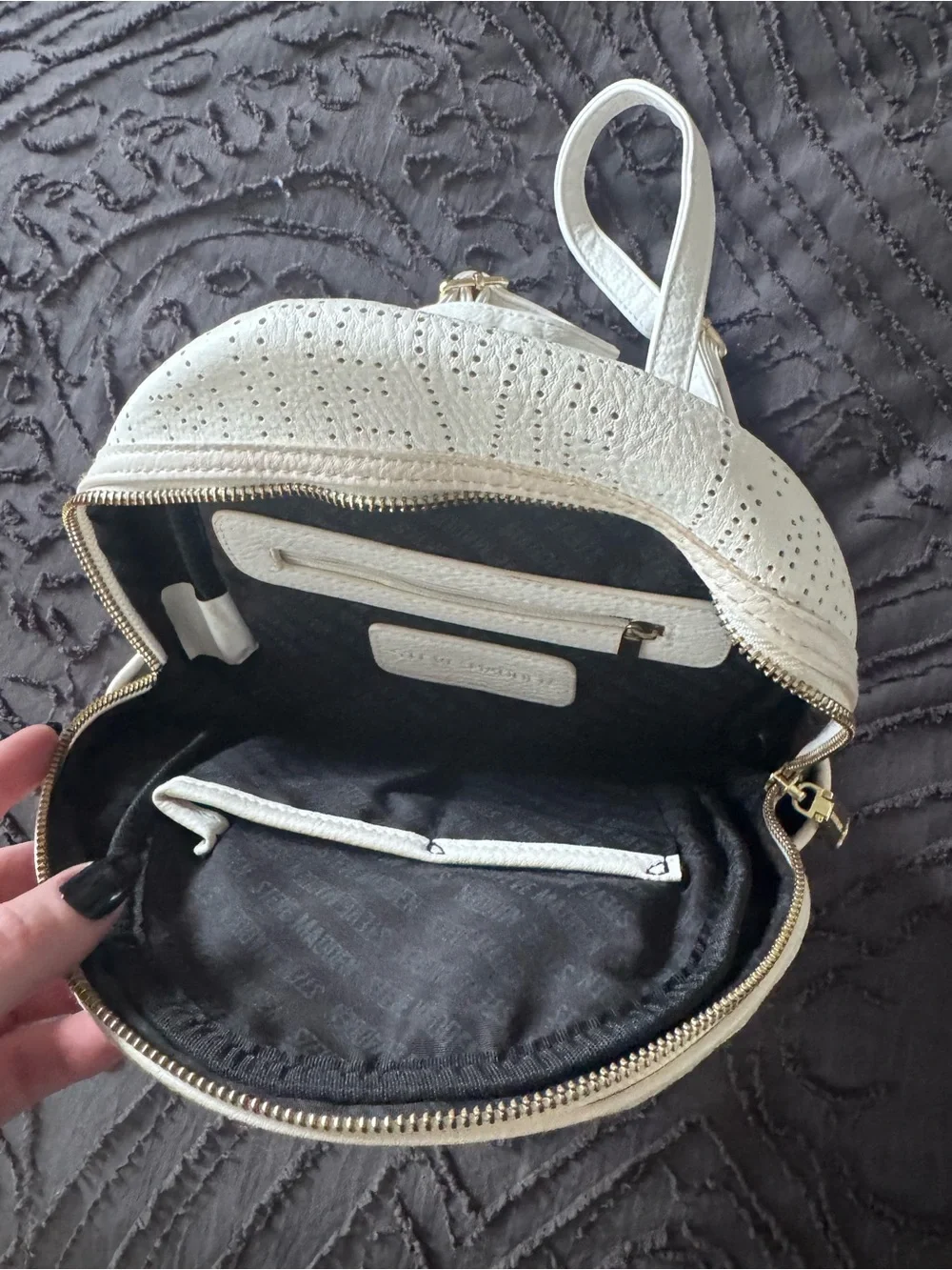 Steve Madden Cream Perforated Mini Backpack with Gold Hardware